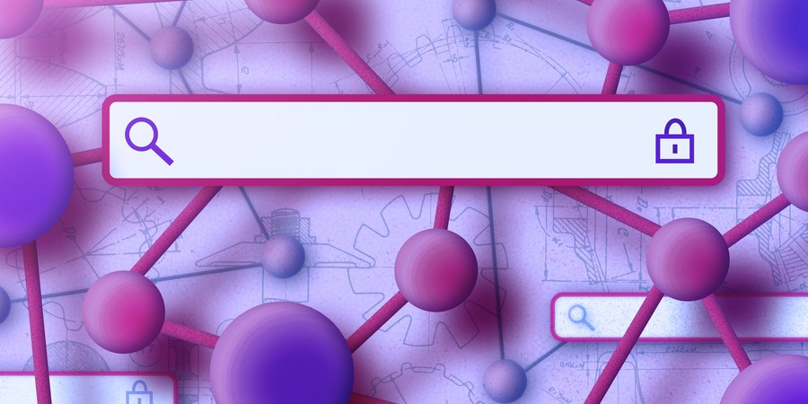 In the foreground is a search bar with a magnifying glass icon and a lock icon. In a background are blueprints, a neural network made up of spheres and bars, and more copies of the search bar.