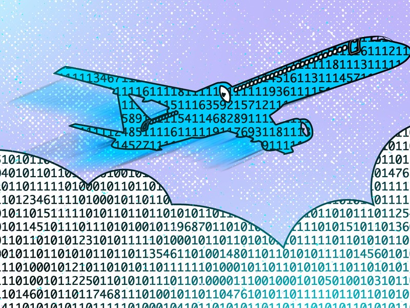 An airplane is composed of a pattern of numbers, but no zeroes. It flies over a cloud made of numbers, including many zeroes.