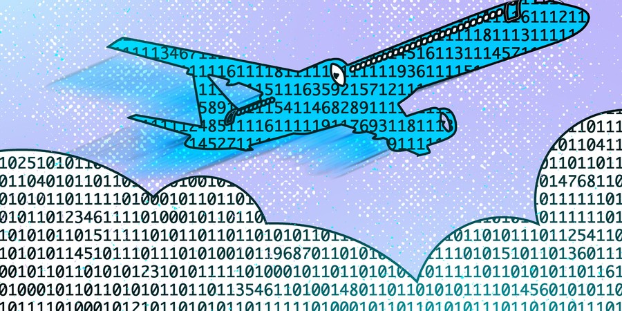 An airplane is composed of a pattern of numbers, but no zeroes. It flies over a cloud made of numbers, including many zeroes.