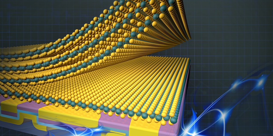 Layers of 2D materials are represented by yellow and green grids made of balls. They are on top of a yellow and pink rectangular structure, and bursts of blue light emanate.