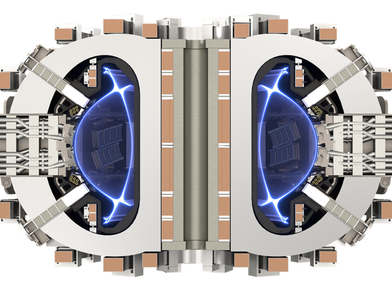 A computer rendering showing a mid-plane view of a magnetic confinement fusion tokamak. The structure consists of two semicircles, filled with a blue glow, connected by a hinge-like structure.