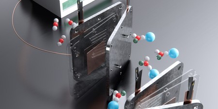 Rendering shows 3 parts as if on a grey table: a white model house on top; a fuel cell sandwiched in between two metal plates with spherical molecules floating around it; and on bottom is the electrolyzer, which looks similar to the fuel cell and has molecules floating around it.
