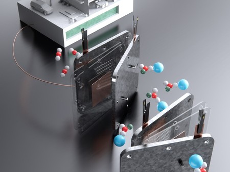 Rendering shows 3 parts as if on a grey table: a white model house on top; a fuel cell sandwiched in between two metal plates with spherical molecules floating around it; and on bottom is the electrolyzer, which looks similar to the fuel cell and has molecules floating around it.