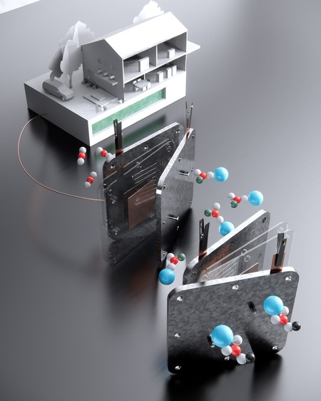 Rendering shows 3 parts as if on a grey table: a white model house on top; a fuel cell sandwiched in between two metal plates with spherical molecules floating around it; and on bottom is the electrolyzer, which looks similar to the fuel cell and has molecules floating around it.