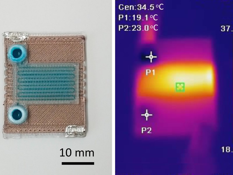 On left is a tiny rectangular device that is about 20-30 mm. On right is a heatmap of the device that shows the device is hotter in the middle.