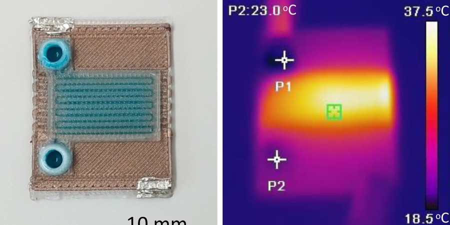 On left is a tiny rectangular device that is about 20-30 mm. On right is a heatmap of the device that shows the device is hotter in the middle.