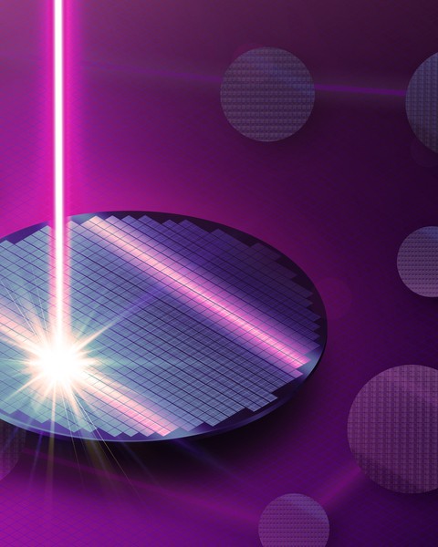 A circular optical wafer is hit with a pink laser. In the background is a subtle neural network.