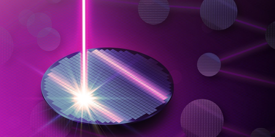 A circular optical wafer is hit with a pink laser. In the background is a subtle neural network.