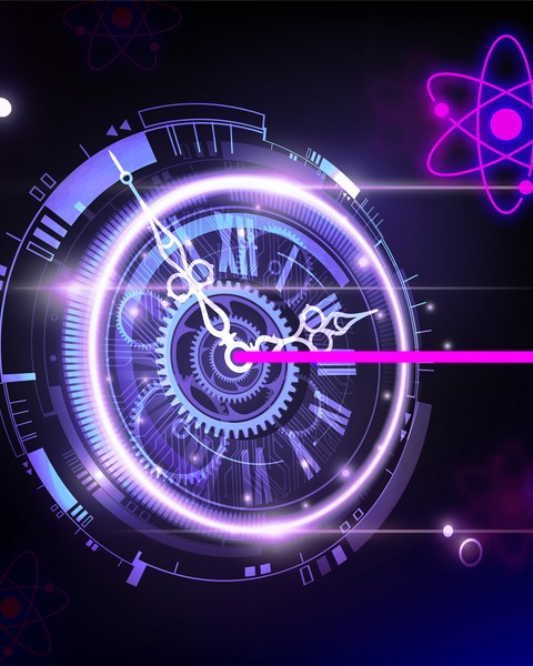 A pink laser beam shoots through a unique glowing clock, which narrows the beam. Atom icons float against the dark background.