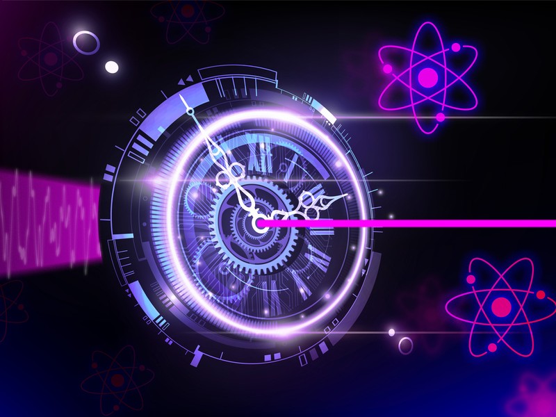A pink laser beam shoots through a unique glowing clock, which narrows the beam. Atom icons float against the dark background.