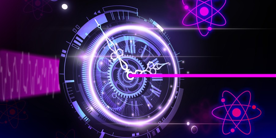 A pink laser beam shoots through a unique glowing clock, which narrows the beam. Atom icons float against the dark background.