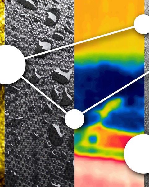 A simple white neural network in foreground is above four background textures: rough gold, wet plastic, a heat-map, and scratched metal.