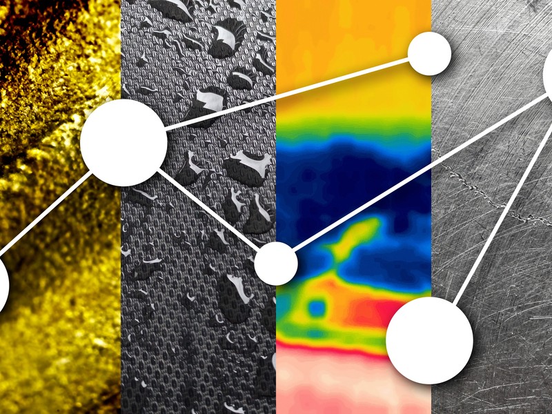A simple white neural network in foreground is above four background textures: rough gold, wet plastic, a heat-map, and scratched metal.