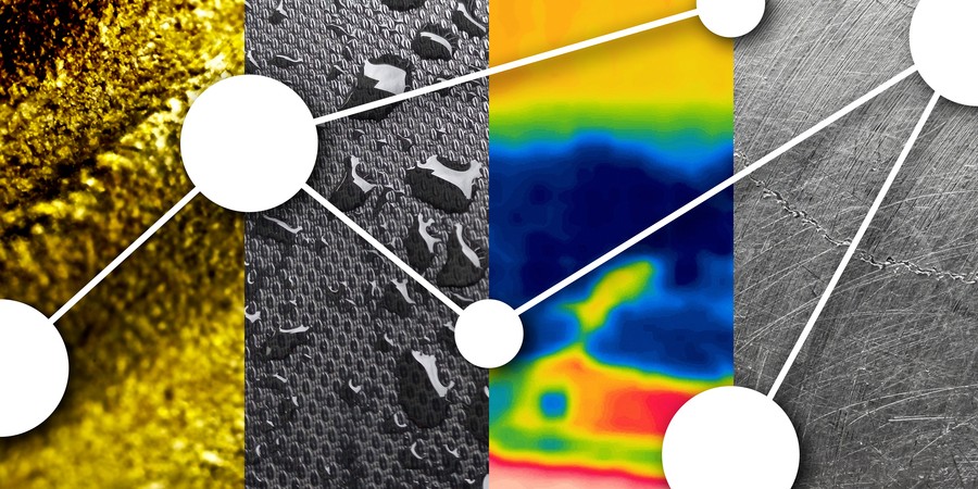 A simple white neural network in foreground is above four background textures: rough gold, wet plastic, a heat-map, and scratched metal.