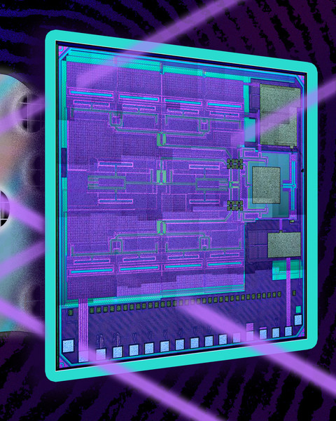 Three layers show a glob of glue, shiny circular metal bits, and the colorful blue computer chip. Pink lasers go through the chip and hit the circular metal bits and bounce back. A lock icon is to the right.