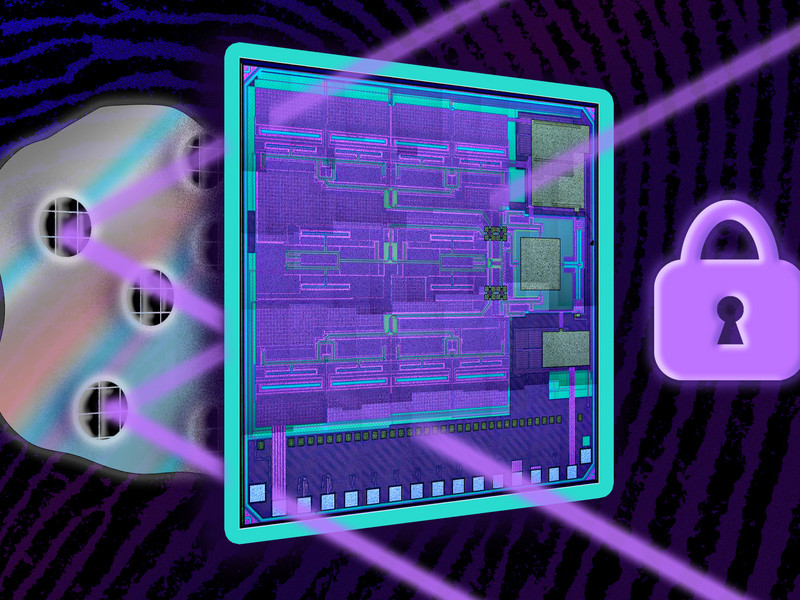 Three layers show a glob of glue, shiny circular metal bits, and the colorful blue computer chip. Pink lasers go through the chip and hit the circular metal bits and bounce back. A lock icon is to the right.