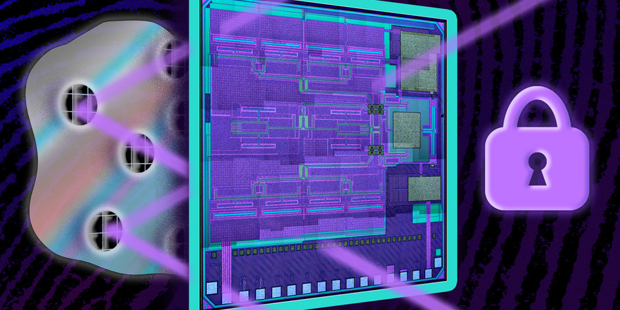 Three layers show a glob of glue, shiny circular metal bits, and the colorful blue computer chip. Pink lasers go through the chip and hit the circular metal bits and bounce back. A lock icon is to the right.