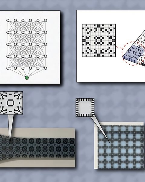 Illustration showing the development stages of 3D-printed microstructures. At left, interconnected network diagrams with two highlighted nodes. At right, a 2D pixelated microstructure pattern that looks like a crossword puzzle. Below, a physical object showcases the same complex pattern, suggesting it's a 3D-printed prototype.