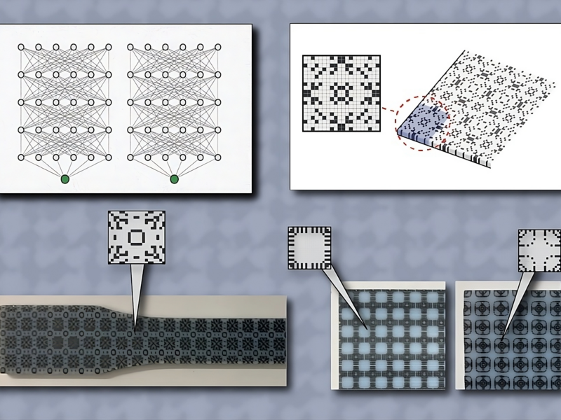 Illustration showing the development stages of 3D-printed microstructures. At left, interconnected network diagrams with two highlighted nodes. At right, a 2D pixelated microstructure pattern that looks like a crossword puzzle. Below, a physical object showcases the same complex pattern, suggesting it's a 3D-printed prototype.