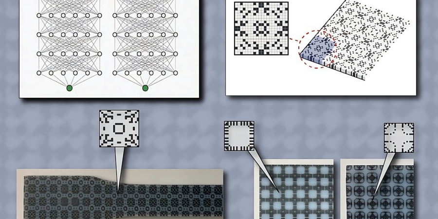 Illustration showing the development stages of 3D-printed microstructures. At left, interconnected network diagrams with two highlighted nodes. At right, a 2D pixelated microstructure pattern that looks like a crossword puzzle. Below, a physical object showcases the same complex pattern, suggesting it's a 3D-printed prototype.