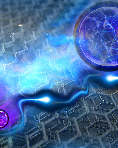 Three small purple spheres are on left, and one large purple sphere is on right. A bending stream of energy is between them. Graphene layers are in the background.