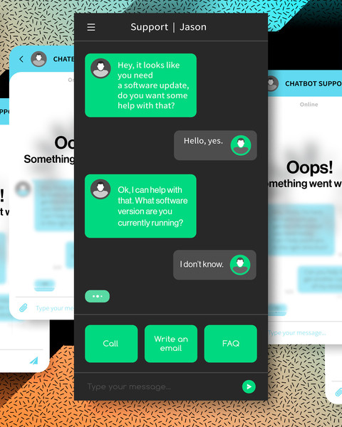 Cartoon with several online chat windows saying “Oops something went wrong,” and one in the center with text bubbles showing it is continuing to perform.