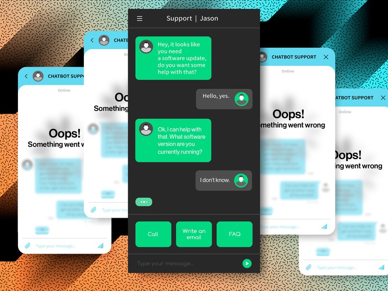 Cartoon with several online chat windows saying “Oops something went wrong,” and one in the center with text bubbles showing it is continuing to perform.