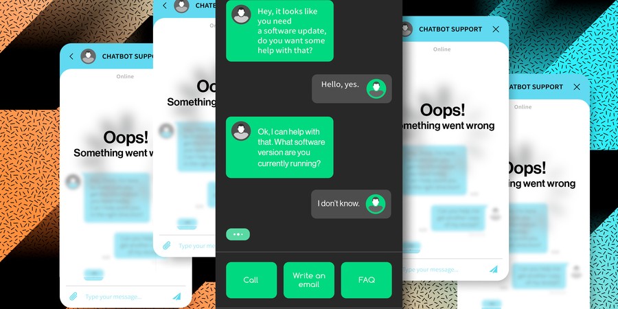 Cartoon with several online chat windows saying “Oops something went wrong,” and one in the center with text bubbles showing it is continuing to perform.
