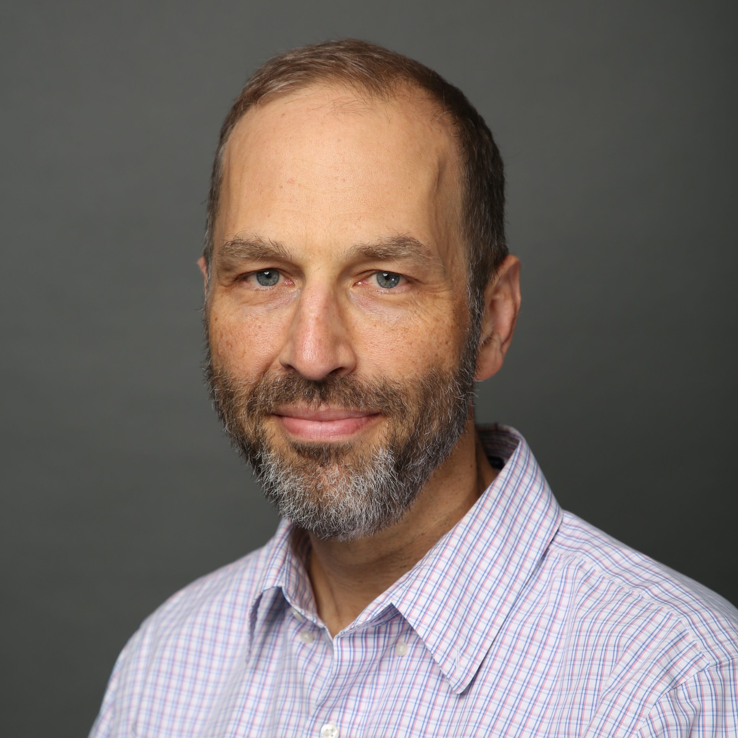 photo headshot of Karl Berggren in front of dark grey background wearing a blue and red striped white collared shirt