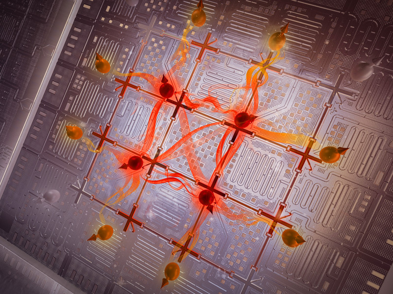 A futuristic quantum computer chip is made of a grid with qubits on the intersections. These red spherical qubits emit flame-like energy between them.