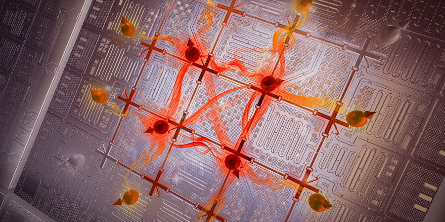 A futuristic quantum computer chip is made of a grid with qubits on the intersections. These red spherical qubits emit flame-like energy between them.
