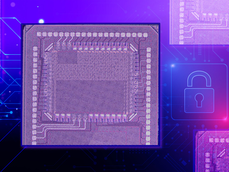 A purple chip with a stylized machine learning background and lock icon.