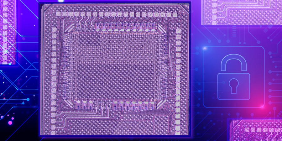 A purple chip with a stylized machine learning background and lock icon.