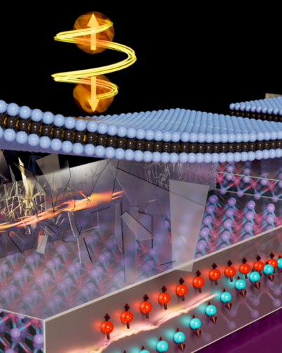 A colorful, 3D computer image comprised mainly of spheres, representing atoms, arranged on and along planes. Some of the spheres are connected by tubes (atomic bonds)