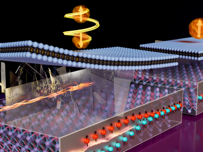 A colorful, 3D computer image comprised mainly of spheres, representing atoms, arranged on and along planes. Some of the spheres are connected by tubes (atomic bonds)