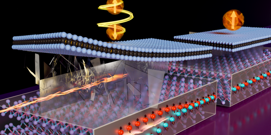 A colorful, 3D computer image comprised mainly of spheres, representing atoms, arranged on and along planes. Some of the spheres are connected by tubes (atomic bonds)