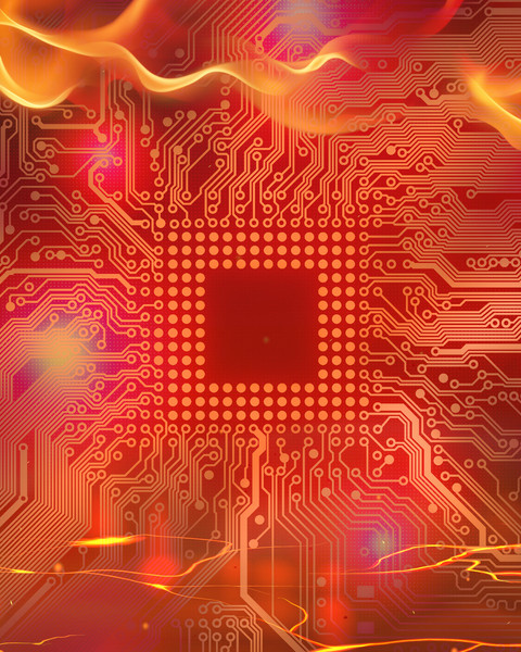 Illustration shows a red, stylized computer chip and circuit board with flames and lava around it.