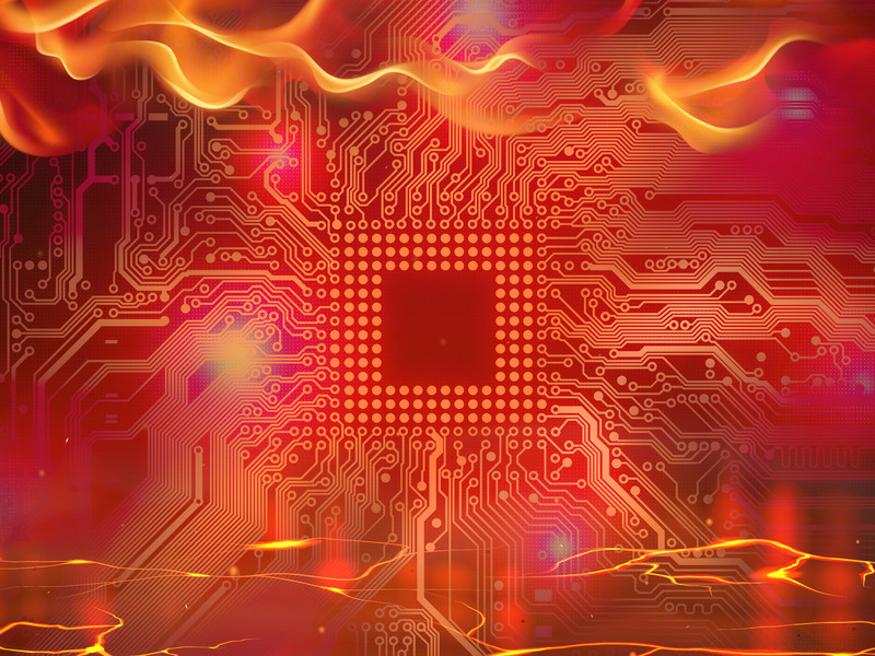 Illustration shows a red, stylized computer chip and circuit board with flames and lava around it.