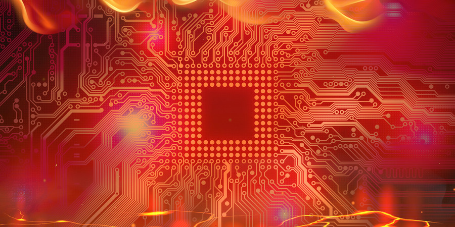 Illustration shows a red, stylized computer chip and circuit board with flames and lava around it.