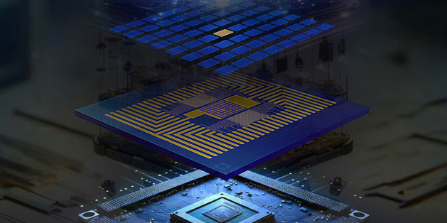 Rendering shows the 4 layers of a semiconductor chip, with the top layer being a vibrant burst of light.