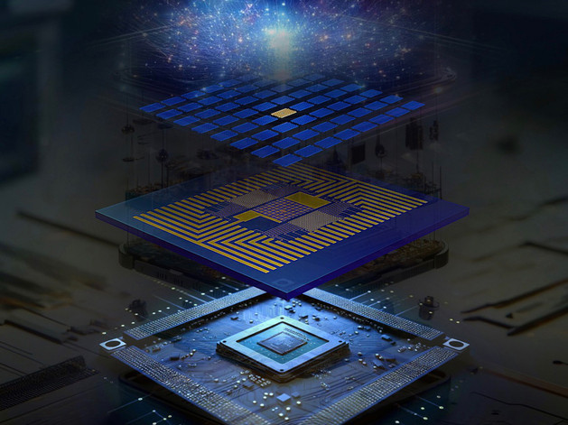 Rendering shows the 4 layers of a semiconductor chip, with the top layer being a vibrant burst of light.