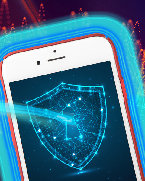 A cellphone has a blue shield which blocks red interference.
