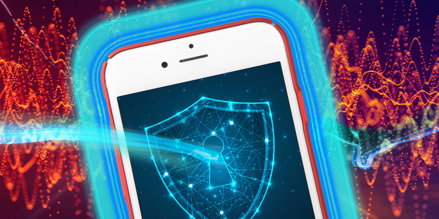 A cellphone has a blue shield which blocks red interference.