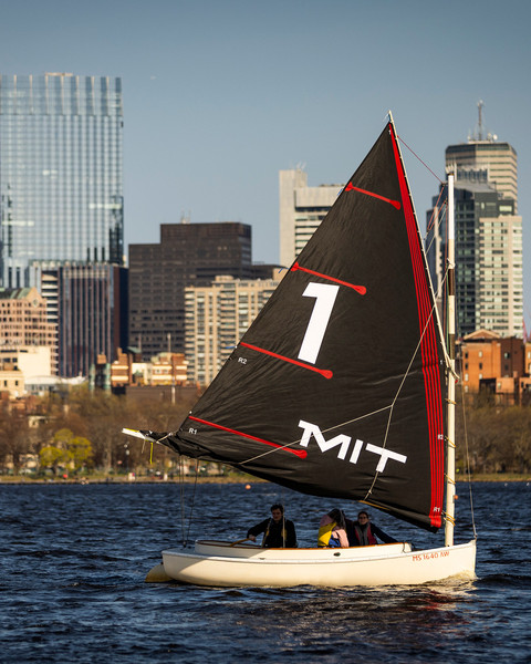 An MIT Sailboat bearing the number 1 on its sail on the Charles River