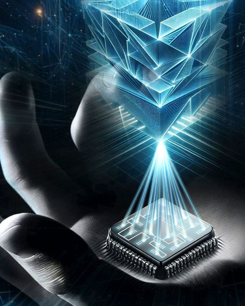 Graphic of hand holding a glowing chip-based 3D printer