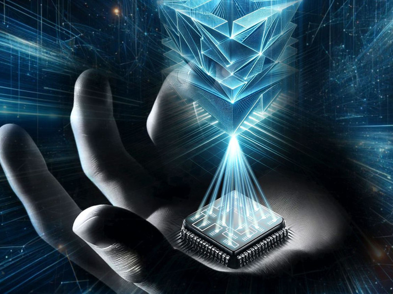 Graphic of hand holding a glowing chip-based 3D printer