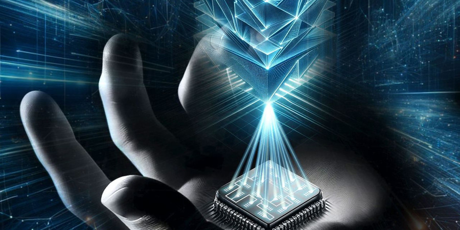 Graphic of hand holding a glowing chip-based 3D printer