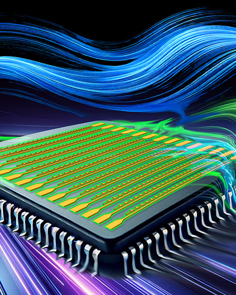 Illustration of a computer chip, with waves of different colors and frequencies appearing above, below, and across it