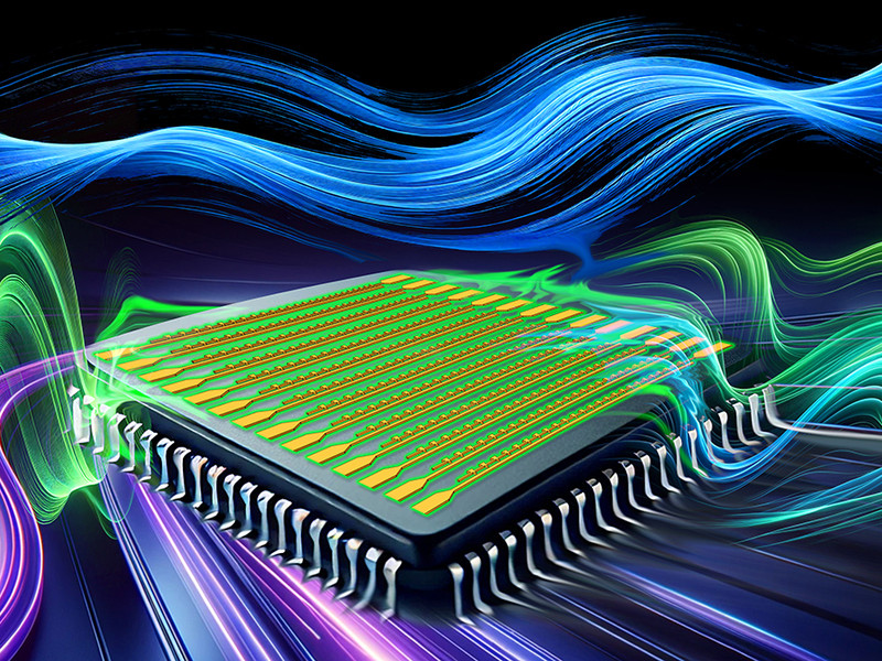 Illustration of a computer chip, with waves of different colors and frequencies appearing above, below, and across it