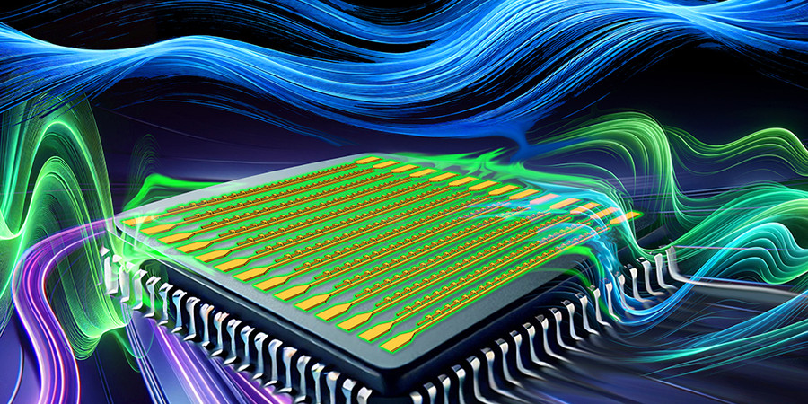 Illustration of a computer chip, with waves of different colors and frequencies appearing above, below, and across it
